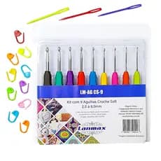 Kit 9 Agulhas Soft Lanmax Crochê Tricô Com 10 Marcador Ponto + 3 Agulhas De 7 Cm Cabo Emborrachado