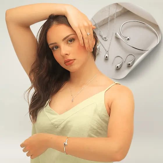 Conjunto Colar Feminino Gota Colar Brincos Pulseira Anel Prateado Dourado Presente Dia dos Namorados