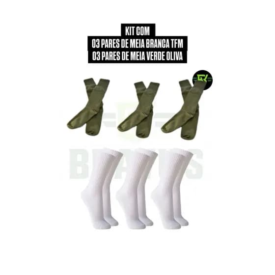 Kit com 03 Meias Verde Oliva e 03 Meias Brancas | Ideal para Uso com Coturno e Treinamento Físico Militar