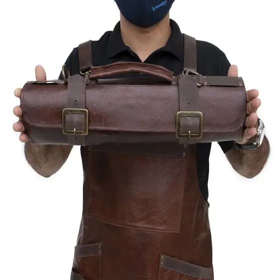 Kit Avental Churrasqueiro Couro Bovino + Estojo Porta Facas A5