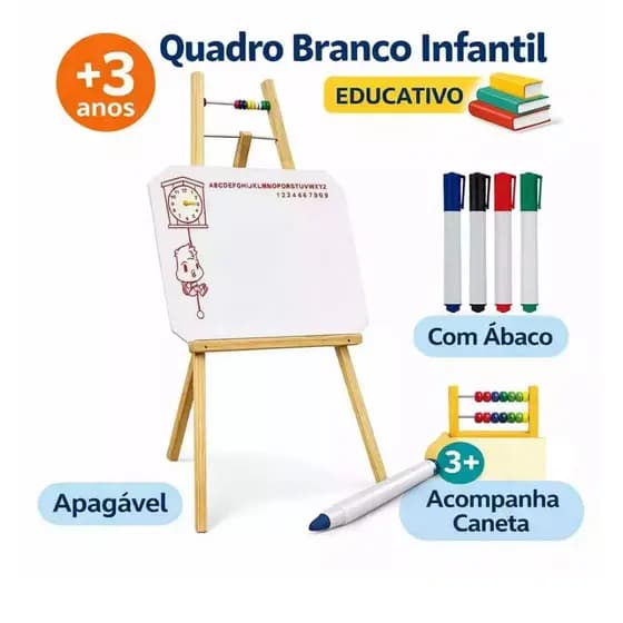Lousa Quadro Branco Infantil Com Cavalete + 4 Canetas + Apagador