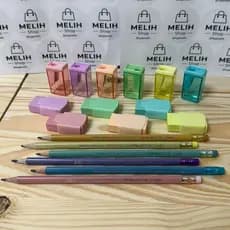 Kit Escolar Tons Pastéis 2 Lápis Perolado + 1 Apontador + 1 Borracha Papelaria Fofa Presente Criativo