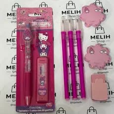 Kit Escolar Hello Kitty And Friends Lapiseira + 5 Canetas Coloridas + Borracha + Bloquinho