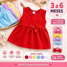 Vestido Bebê 3 a 6 Meses + 7 Laços Kit Completo Infantil Menina Várias Cores