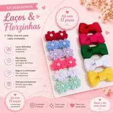 Kit 11 Laços e Florzinhas Infantil com Pérola – Presilhas de Cabelo Bebê Menina Delicado