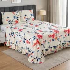 Kit Colcha Casal Com Babado Percal 200 Fios Floral 3 Peças Toque Macio Felicità