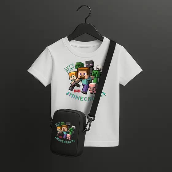 Kit Infantil Temático Minecraft – Camiseta com Estampa Exclusiva + Bolsa Gamer Infantil