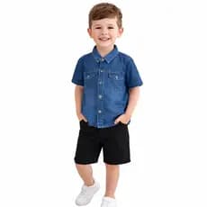 Kit Camisa Jeans Manga Curta Infantil E Bermuda Jeans Infantil