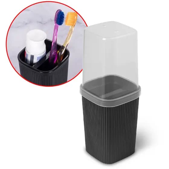 Porta Escovas e Creme Dental de Plástico com Tampa Frisos Preto Lavabo Banheiro Plasútil