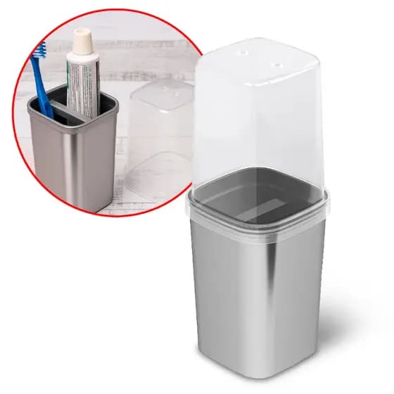 Porta Escovas e Creme Dental com Tampa Metalizado Pia Banheiro Moderno Plasútil