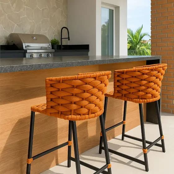 Kit 2 Banquetas Golden Luxo Alta 75cm Alumínio Corda Náutico Balcão e Área Gourmet Cozinha Moderna