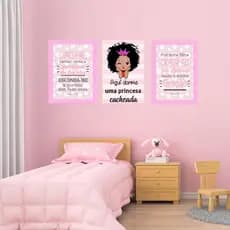 Quadro Placas Decorativas Aqui Dorme Uma Princesa Cacheada Para Decoração De Quarto Infantil Menina 3 Peças 20x28
