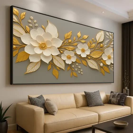 Quadro Decorativo GRANDE Alta Resolução Sala Quarto Escritório Quadro Flores douradas fundo cinza