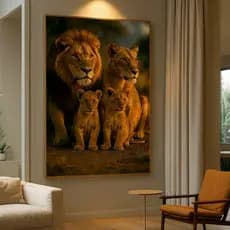 Quadro Decorativo GRANDE Alta Resolução para Sala Quadro Familia de Leão com 2 filhotes vertical