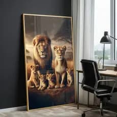 Quadro Decorativo GRANDE Alta Resolução Para Sala Quarto Escritório Família de Leão com 4 filhotes
