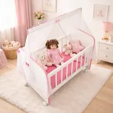 Berço para Bonecas De Até 67cm com Rodízios, véu e colchão Rosa | Branco e Azul