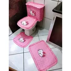 Jogo de banheiro gatinha igual hello kitty kit tapetes 4 peças com capa para caixa acoplada decoração fofa enxoval rosa