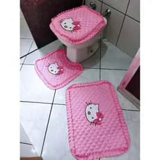 Jogo de banheiro gatinha fofa igual Hello Kitty rosa com lacinho de bolinha kit tapetes 3 peças decoração enxoval