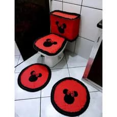 Jogo de banheiro redondo igual Minnie crochê kit tapetes tecido metalassê 4 peças com capa para caixa acoplada