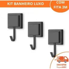 kit 3 Ganchos de Toalha autocolante 3M cabide - Porta toalhas - Suporte - Fixação 3M - Preto 1 uni, 2un ou 3unidades