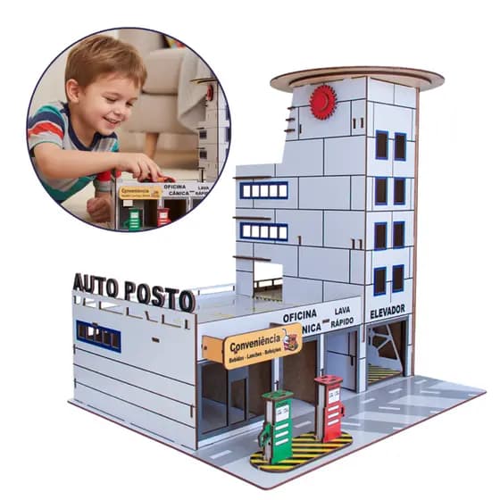 Mini Posto De Combustível Estacionamento E Garagem De Carrinhos Em MDF Adesivado Infantil Brinquedo Educativo