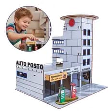 Mini Posto De Combustível Estacionamento E Garagem De Carrinhos Em MDF Adesivado Infantil Brinquedo Educativo