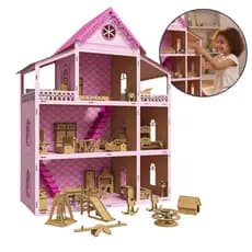 Casinha de Boneca MDF Rosa Grande 80cm kit 52 Mini Móveis Brinquedos - MDF Criativa