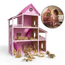 Brinquedo Casinha de Boneca MDF Pintada rosa Adesivada + Kit 36 Móveis com Parquinho desmontados