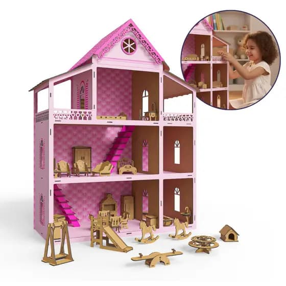 Casinha De Bonecas Rosa 80cm + Kit 30 Mini Móveis Brinquedos - MDF Criativa