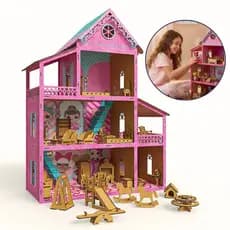Casinha De Boneca Rosa Glitter + Kit 36 Moveis Montados Brinquedos MDF Criativa