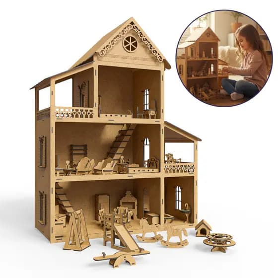 Casinha De Bonecas 60cm MDF Cru + Kit 36 Mini Móveis Brinquedos - MDF Criativa
