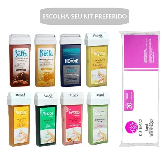 Depil Bella Repos Kit Cera Quente Roll-On 100g + Lenço Depilatório 20 Unidades Escolha o Preferido