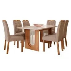 Conjunto de Mesa de Jantar Tampo de Vidro Off White Valentina 1,80 e 6 Cadeiras Paola WOOD Cinamomo/Madeira/Linho Bege