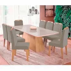 Conjunto Sala de Jantar Mesa Helena 210x100 cm e 8 Cadeiras Paola Wood Cimol Madeira/offwhite/joli