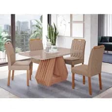 Conjunto de Mesa de Jantar Tampo de Vidro Off White Agata e 4 Cadeiras Paola Madeira Linho Bege e Nature 130cm