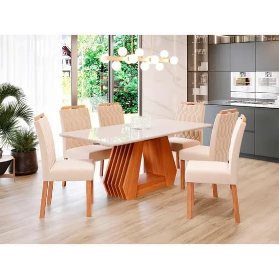 Mesa de Jantar Tampo de Vidro Off White Agata 1,80 e 6 Cadeiras Paola WOOD Cinamomo/Madeira/Nude
