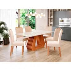 Mesa de Jantar Tampo de Vidro Off White Agata 1,80 e 6 Cadeiras Paola WOOD Cinamomo/Madeira/Nude