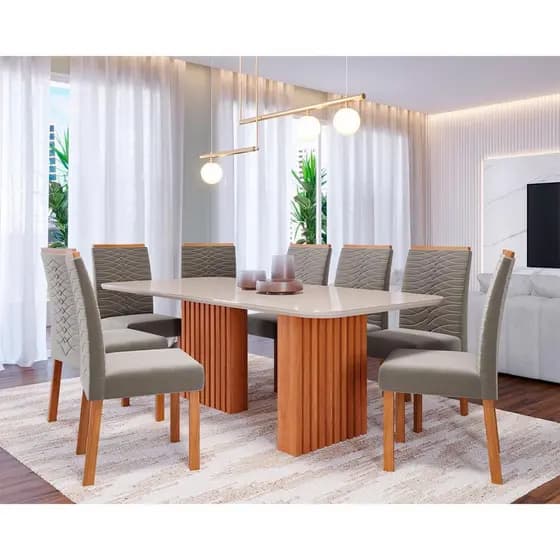 Conjunto de Mesa de Jantar Tampo de Vidro Off White Ester 2,10 Com e 8 Cadeiras Clarice Cinamomo/Madeira/Joli