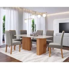 Conjunto de Mesa de Jantar Tampo de Vidro Off White Ester 1,80 Com e 6 Cadeiras Clarice Cinamomo/Madeira/Joli