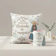 Kit Almofada e Caneca Batismo Madrinha de Consagração Presente Pront