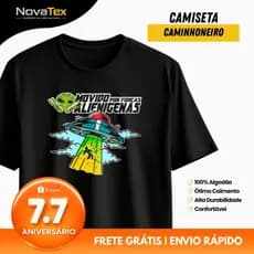 Camisa Caminhoneiro Movido por Forças Alienígenas Preta Masculina Algodão Estampa Truck