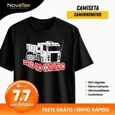 Camisa Caminhoneiro Deus no Comando Preta Masculina 100% Algodão Estampa Truck