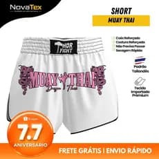 Short Muay Thai Branco Dragon Thai Estampa Rosa Unissex Confortável Alta Qualidade para Treino