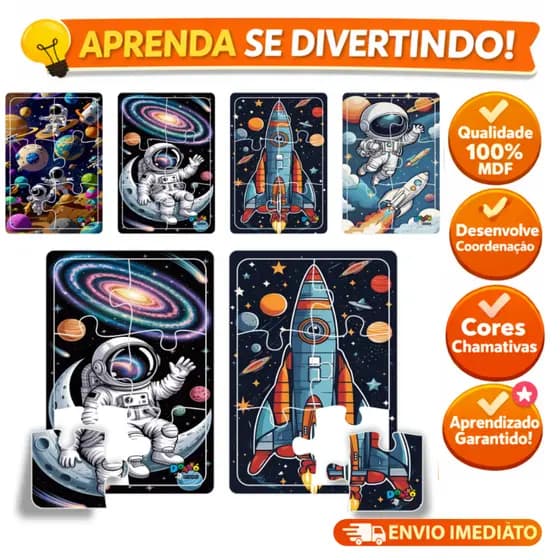 Kit 4 Jogos Quebra Cabeça Educativo Infantil Astronaura Espaço Galaxia em madeira