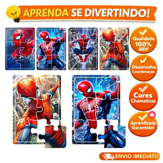 Kit 4 Jogos Quebra Cabeça Educativo Infantil  Homem Aranha Spider Man em madeira