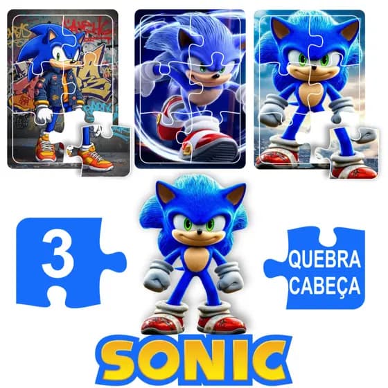 Kit 3 Quebra Cabeça em Mdf 6 Peças Jogo Pedagógico Infantil Lúdico Educativo SONIC