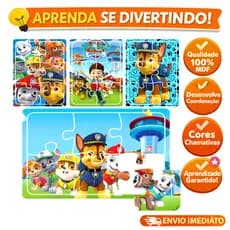 Kit 4 Jogos Quebra Cabeça Educativo Infantil Patrulha Canina em madeira para Meninos