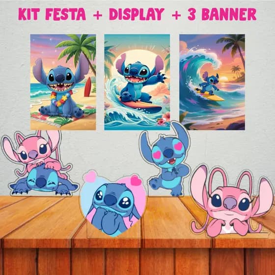 KIT festa Tema Stich Display MDF de mesa - Stich 4 pças 15 CM + 3 Banner