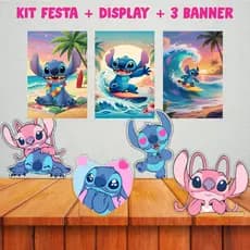 KIT festa Tema Stich Display MDF de mesa - Stich 4 pças 15 CM + 3 Banner