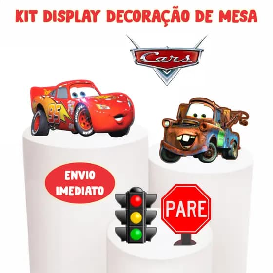 Kit de Display 4 de 15cm Totens para Decoração de Festa Tema Carros em MDF Cortado a Laser